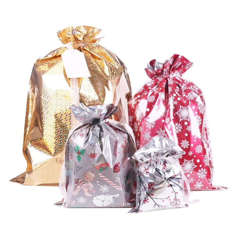 Christmas Gift Bags40Pcs Santa Wrapping Bag in 4 Sizes and 4 Designs with Inserted Drawstring Ribbons and Tags for Wrapping Holiday